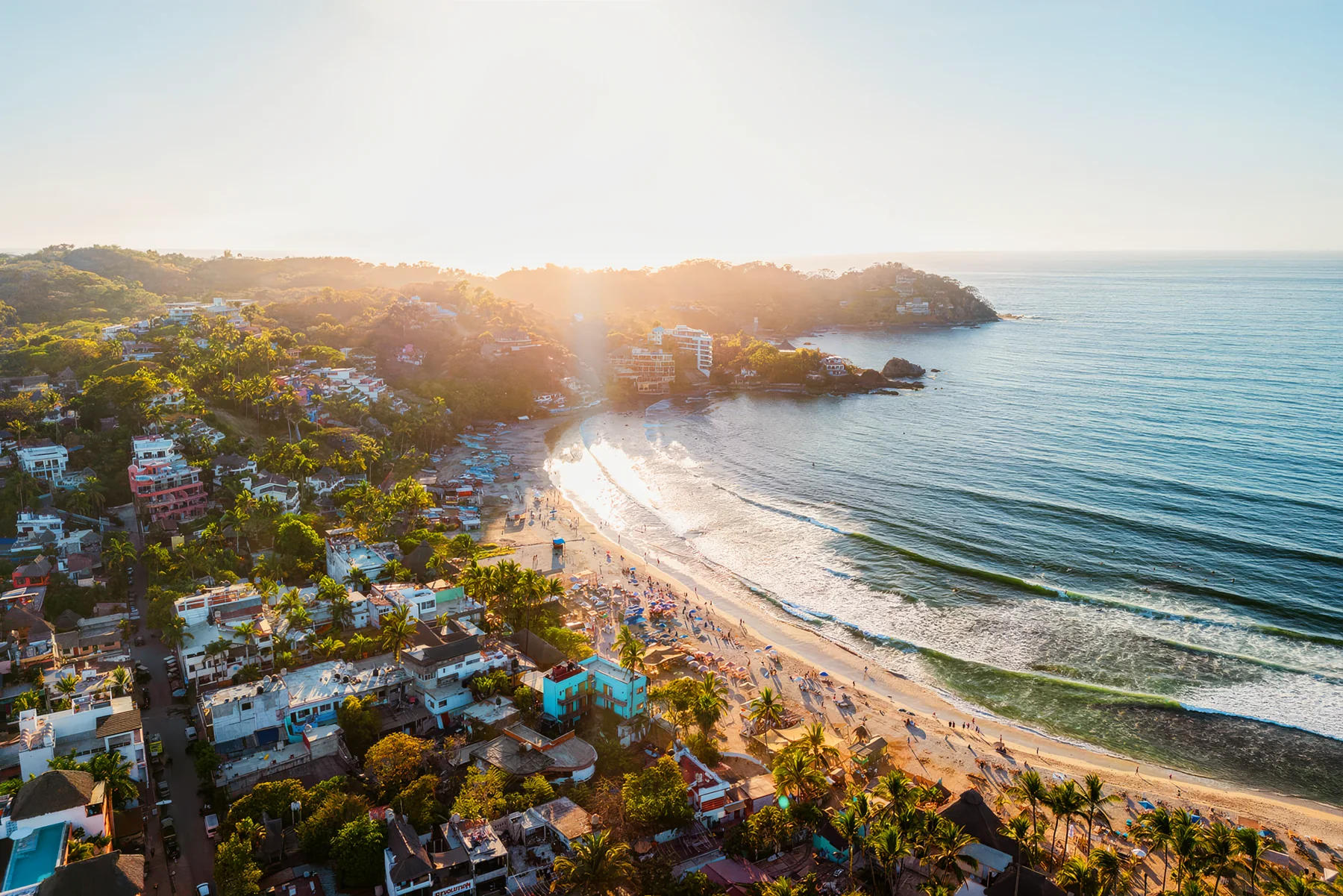 Sayulita’s bay and beach at sunrise, from the air